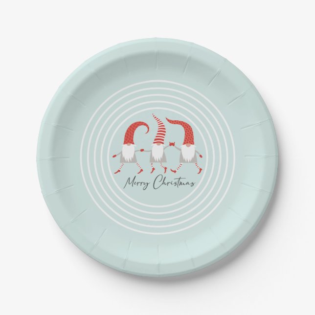 Whimsical Scandinavian Gnomes Christmas Party Paper Plates (Front)