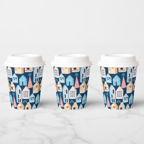 Whimsical Scandinavian Nordic Folk art Houses Paper Cups