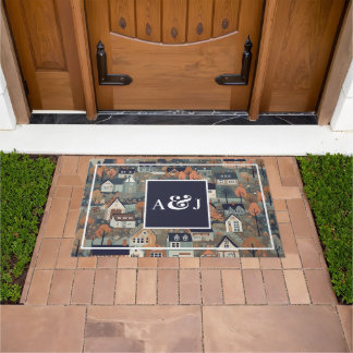 Whimsical Scandinavian Village Monogram Doormat