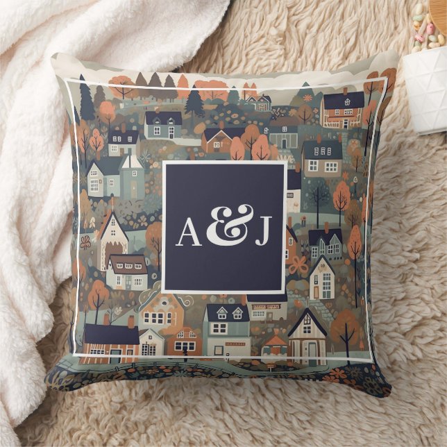Whimsical Scandinavian Village Monogram Throw Pillow (Blanket)