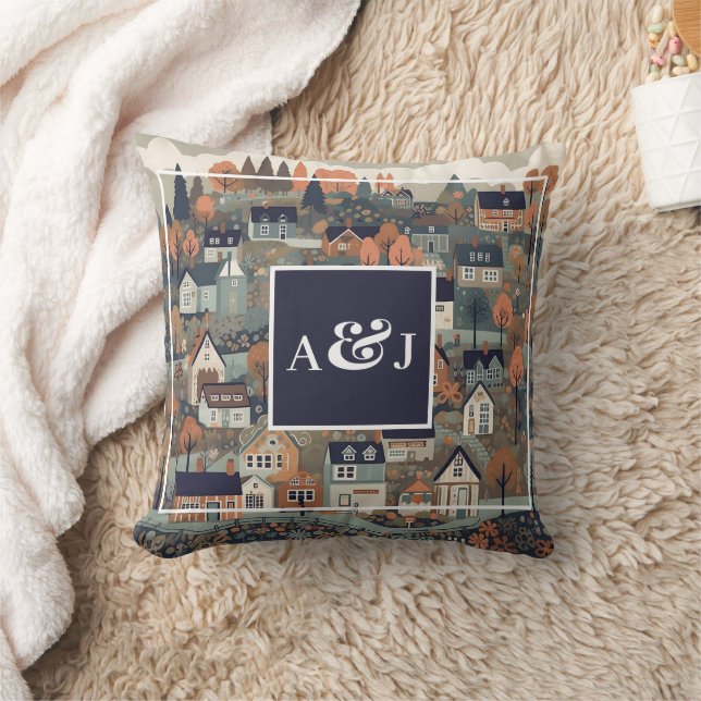 Whimsical Scandinavian Village Monogram Throw Pillow (Blanket)