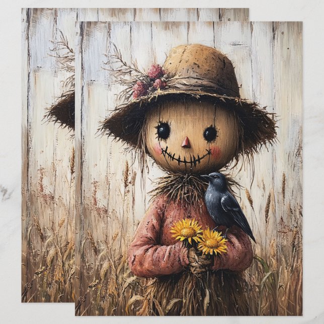 Whimsical Scarecrow and Sunflowers Scrapbook Paper (Front/Back)