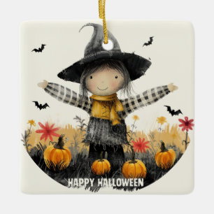 Whimsical Scarecrow Halloween Ceramic Ornament