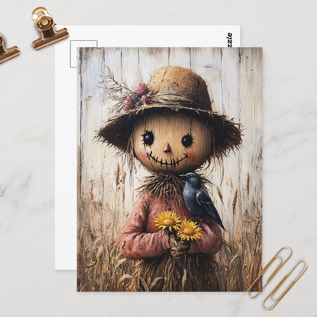 Whimsical Scarecrow Holding Sunflowers Postcard (Creator Uploaded)