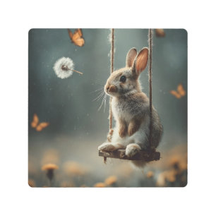 Whimsical Scene of a Cute Baby Bunny on a Swing Metal Print