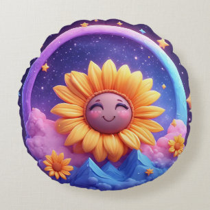 Whimsical Scene Surrounded by Sunflowers Round Pillow