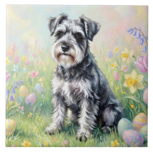 Whimsical Schnauzer with Easter Eggs Ceramic Tile
