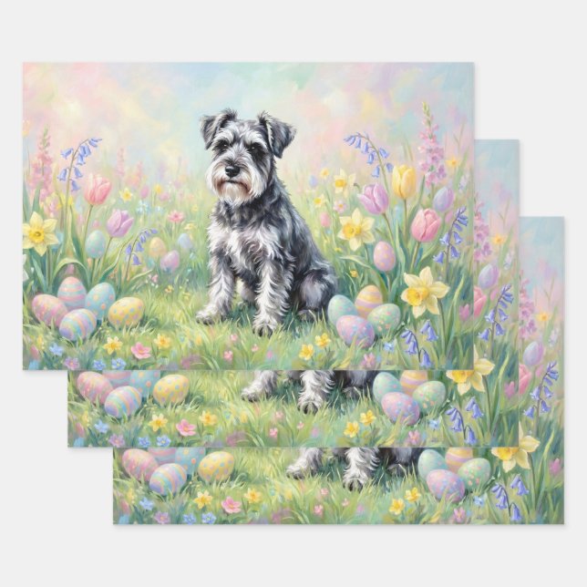 Whimsical Schnauzer with Easter Eggs Wrapping Paper Sheets (Set)