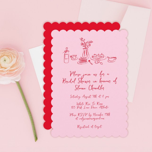 Whimsical Scribble Doodle Hand Drawn Bridal Shower Invitation (pink hand-drawn food and drinks bridal shower invitation)
