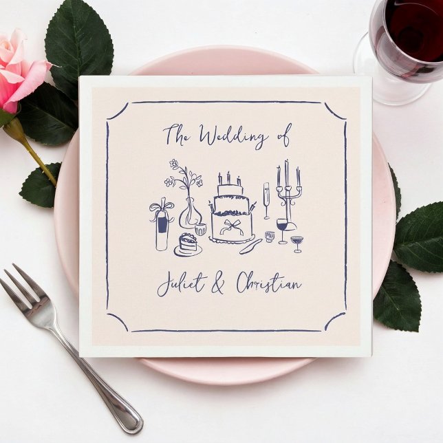 Whimsical Scribble Doodle Hand Drawn Wedding Napkins (blue quirky sketched wedding napkins)