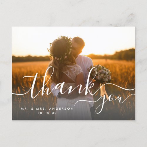 Whimsical Script 2 Photo Rustic Wedding Thank You Postcard