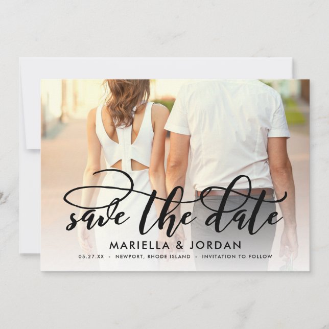 Whimsical Script Black Full Photo Save the Date Invitation (Front)