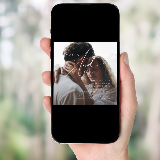 Whimsical Script | Black Square Photo Wedding Invitation (Front Digital)