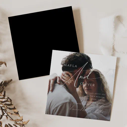 Whimsical Script | Black Square Photo Wedding Invitation