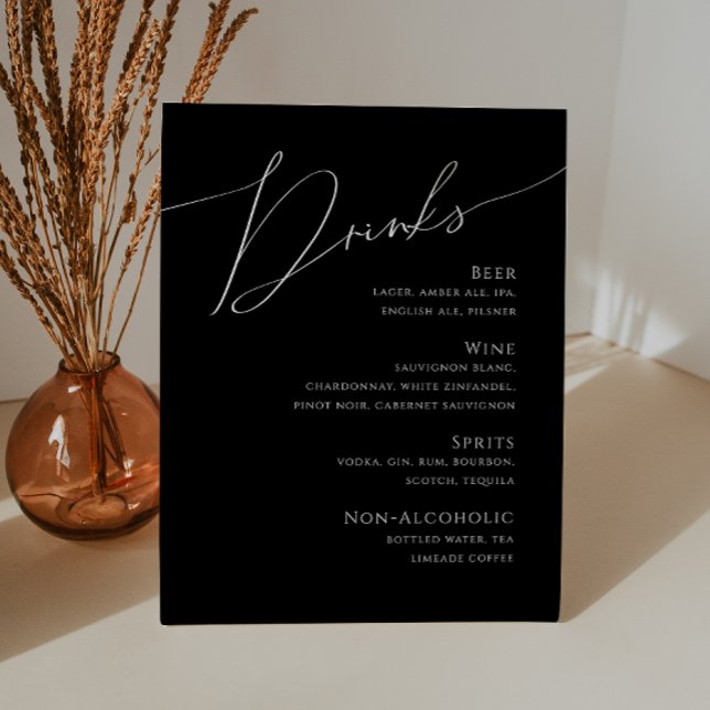 Whimsical Script | Black Wedding Drinks Menu Pedes Pedestal Sign (Creator Uploaded)