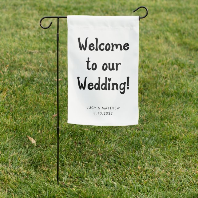 Whimsical Script Black White Wedding Welcome Garden Flag (In SItu)