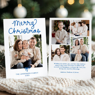Whimsical Script Blue Bow Christmas 5 Photo Holiday Card