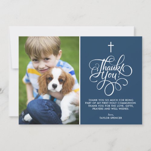 Whimsical Script Blue First Holy Communion Photo Thank You Card