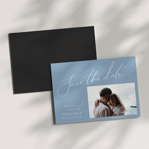 Whimsical Script  Blue Horizontal Save The Date  Magnetic Invitation