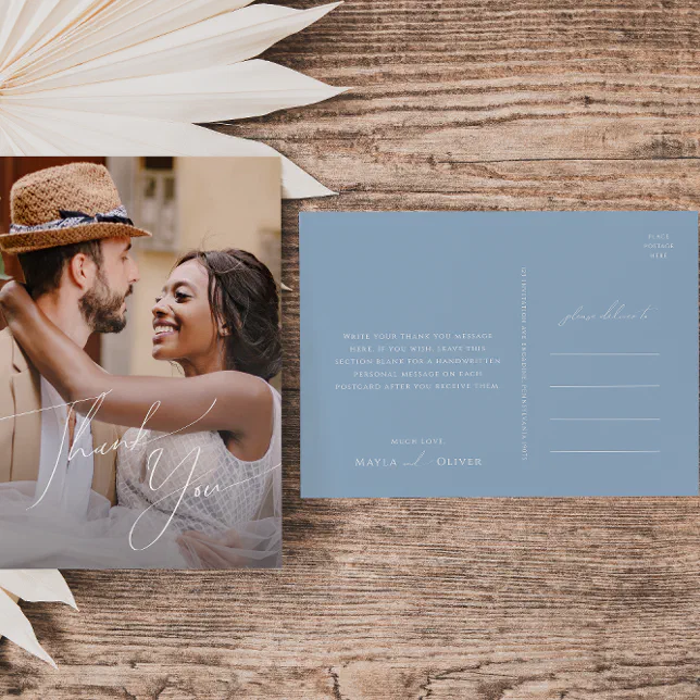 Whimsical Script | Blue Photo Wedding Thank You Postcard | Zazzle