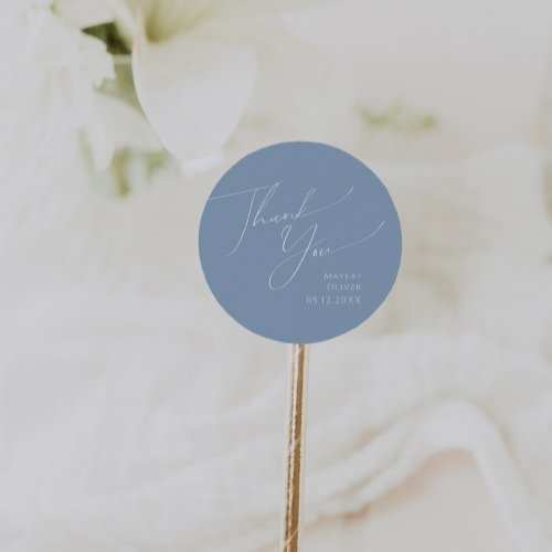 Whimsical Script  Blue Thank You Wedding Favor Classic Round Sticker