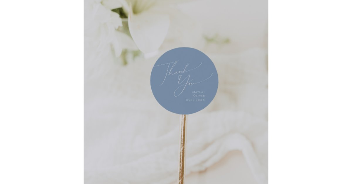 Whimsical Script | Blue Thank You Wedding Favor Classic Round Sticker ...