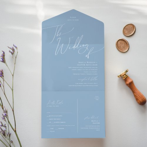 Whimsical Script  Blue Wedding Of Seal and Send  All In One Invitation