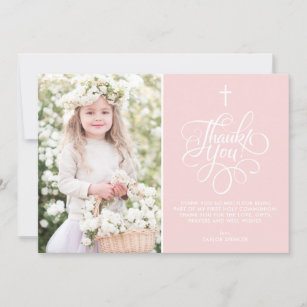 Whimsical Script Blush Pink First Holy Communion Thank You Card