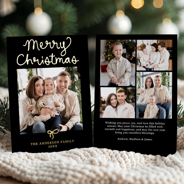 Whimsical Script Bow Black Christmas 5 Photo Foil Holiday Card (Creator Uploaded)