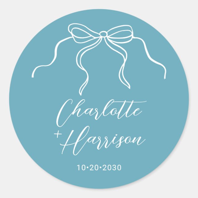 Whimsical Script Bow Border Wedding  Classic Round Sticker (Front)