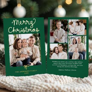 Whimsical Script Bow Green Christmas 5 Photo Foil Holiday Card