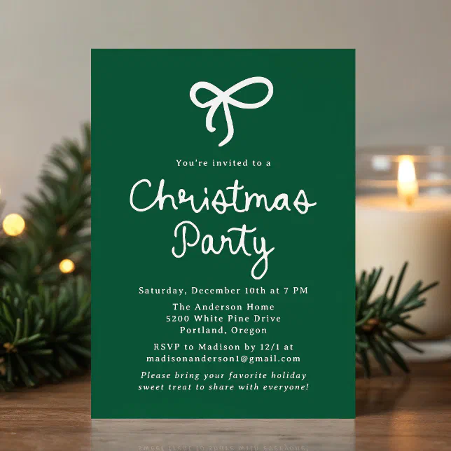 Whimsical Script Bow Green Christmas Party Invitation | Zazzle