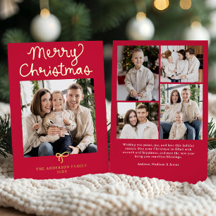 Whimsical Script Bow Red Christmas 5 Photo Foil Holiday Card
