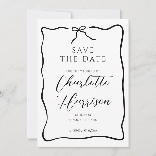 Whimsical Script Bow Ribbon Doodle Wedding Save The Date (Front)