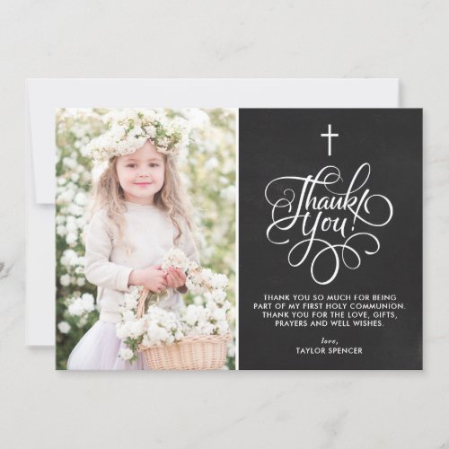 Whimsical Script Chalkboard First Holy Communion Thank You Card