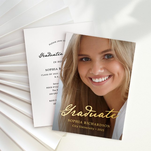 Whimsical Script | Chic Photo Graduation Gold Foil Invitation (Creator Uploaded)