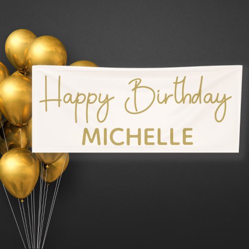 Whimsical Script Cream White Gold Happy Birthday Banner