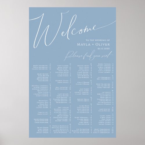 Whimsical Script  Dusty Blue Alphabetical Seating Poster