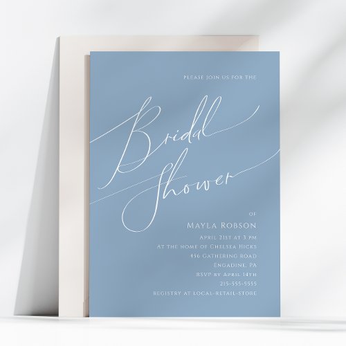 Whimsical Script  Dusty Blue Bridal Shower Invitation