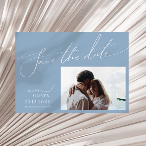 Whimsical Script  Dusty Blue Horizontal Photo Save The Date