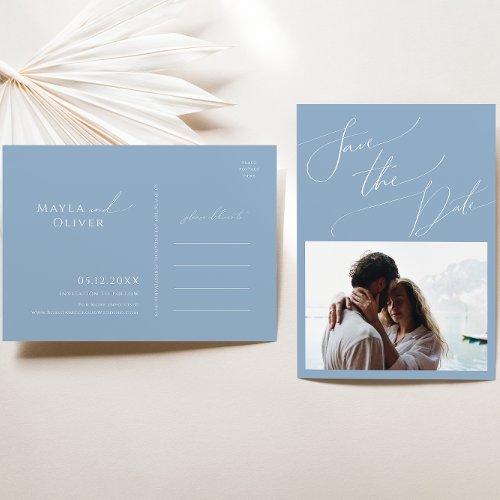 Whimsical Script  Dusty Blue Photo Save The Date Invitation Postcard