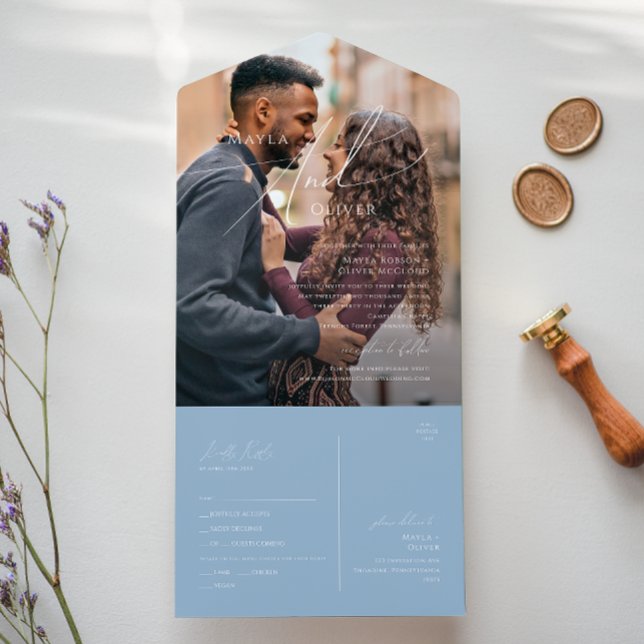 Whimsical Script | Dusty Blue Photo Seal and Send All In One Invitation (Creator Uploaded)