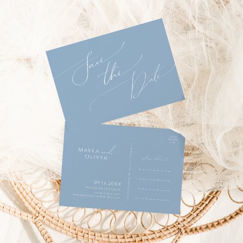 Whimsical Script  Dusty Blue Save The Date Invitation Postcard