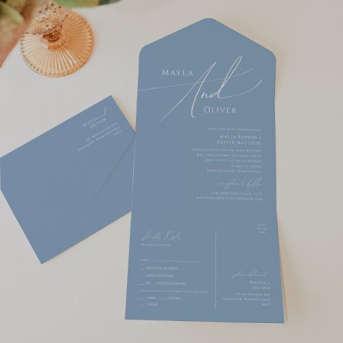 Whimsical Script  Dusty Blue Seal and Send All In One Invitation