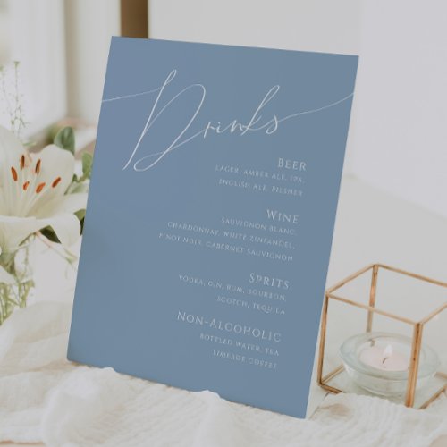 Whimsical Script  Dusty Blue Wedding Drinks Menu Pedestal Sign