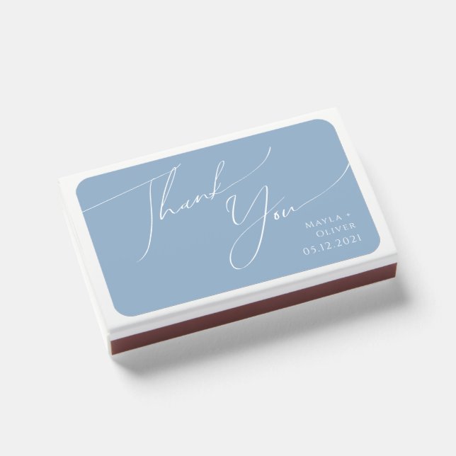 Whimsical Script | Dusty Blue Wedding Favor Matchboxes (Front Closed)