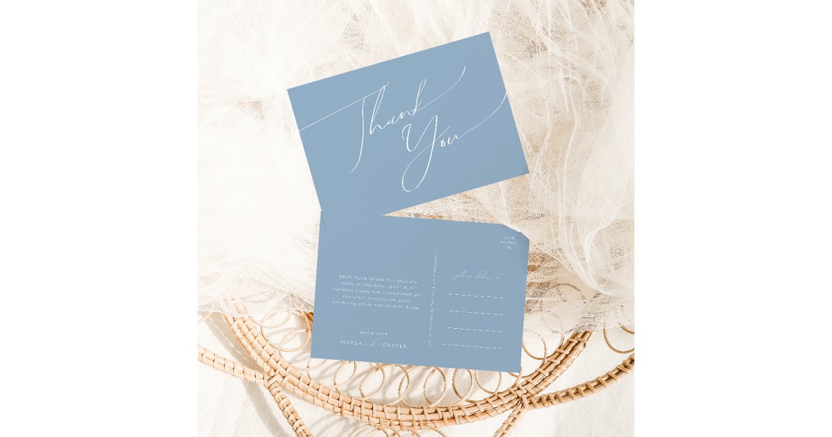 Whimsical Script | Dusty Blue Wedding Thank You Postcard | Zazzle