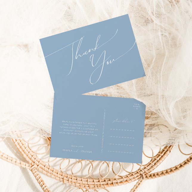 Whimsical Script | Dusty Blue Wedding Thank You Postcard (Creator Uploaded)