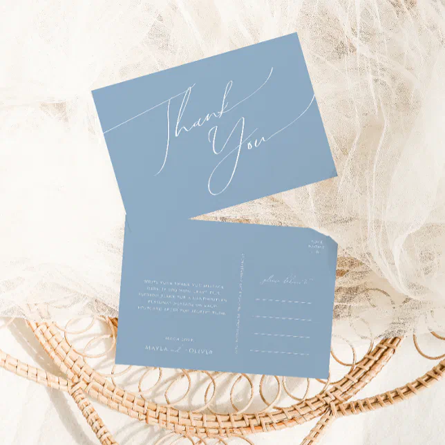 Whimsical Script | Dusty Blue Wedding Thank You Postcard | Zazzle