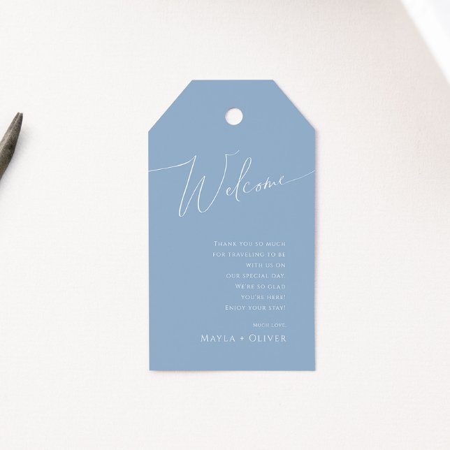 Whimsical Script | Dusty Blue Wedding Welcome Gift Tags (Creator Uploaded)